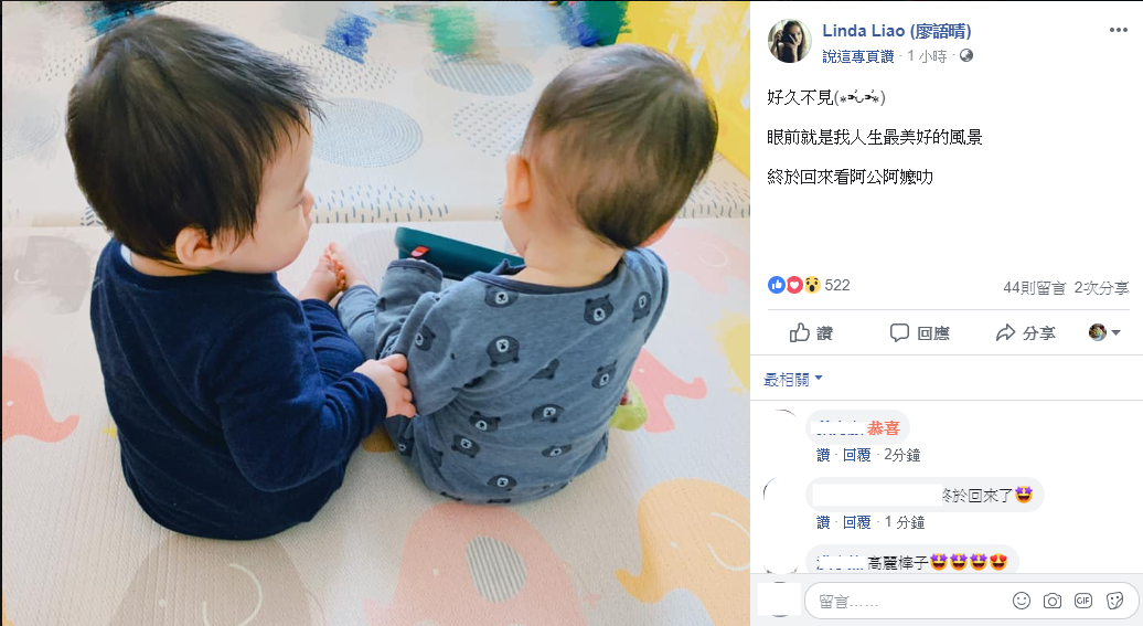 秀泰影城千金廖語晴（Linda）在臉書曝光一對雙胞胎兒子照片，大方承認已為人母。（翻攝自Linda臉書）