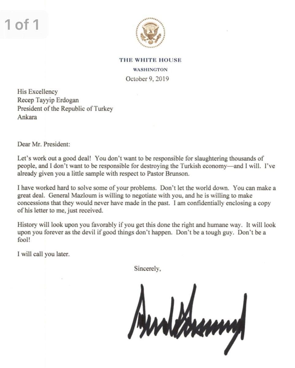 美國總統川普發自白宮給土耳其總統的信件。（網路截圖，White House）