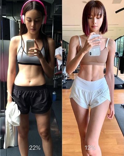 李元玲在社群網站公開減脂前後的照片，她在減脂前的體脂肪是22%，減脂後是12%（翻攝自李元玲IG）。