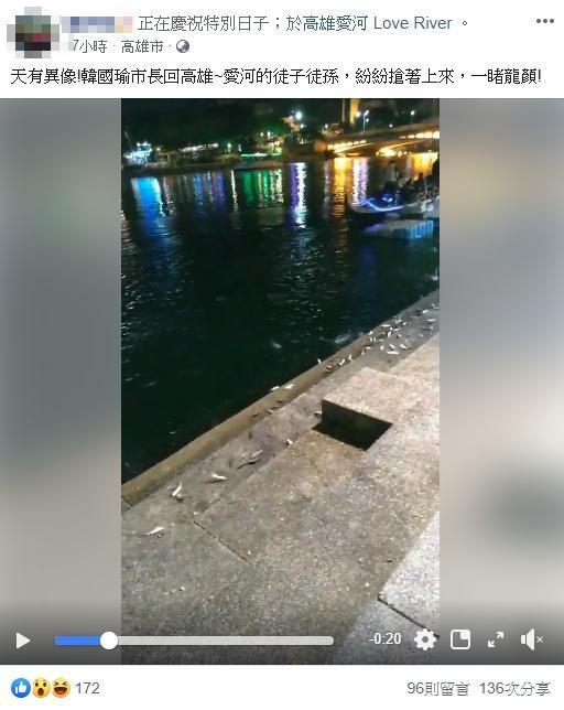 韓粉在愛河拍下一段魚跳上岸邊的影片。（翻攝自臉書）