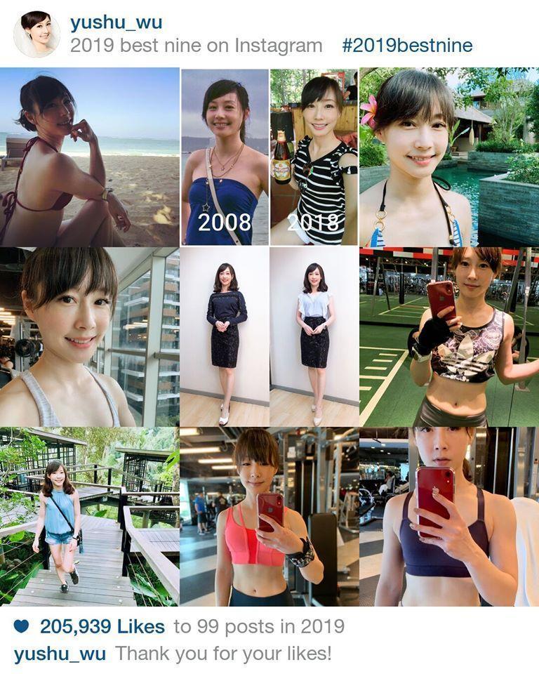 吳宇舒昨在臉書發布一張照片，只見2019年最多愛心的照片多為清涼穿著。（翻攝吳宇舒臉書）