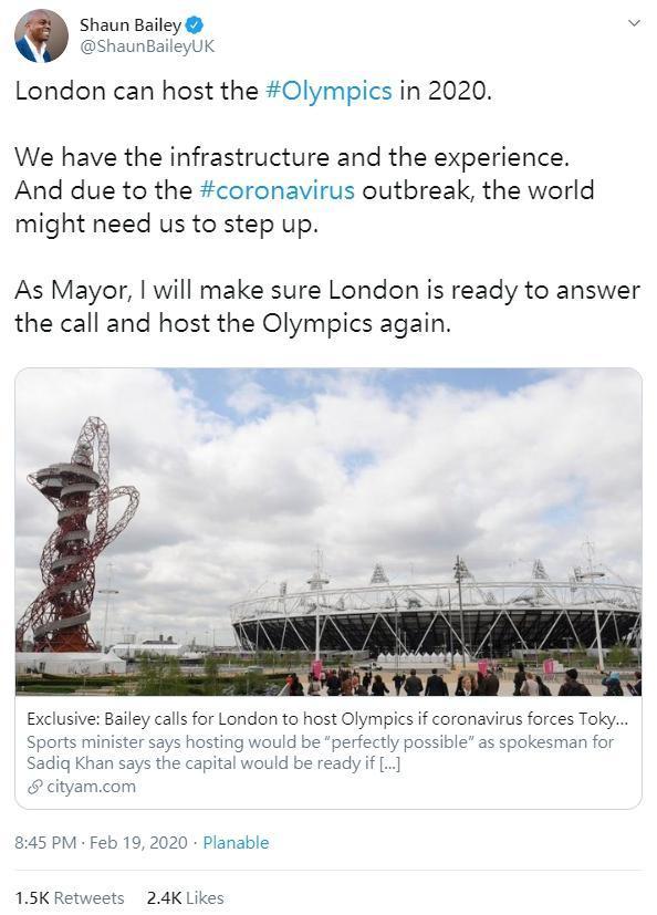 倫敦市長參選人尚恩貝利，放話可主辦2020奧運。（翻攝自Shaun Bailey Twitter）