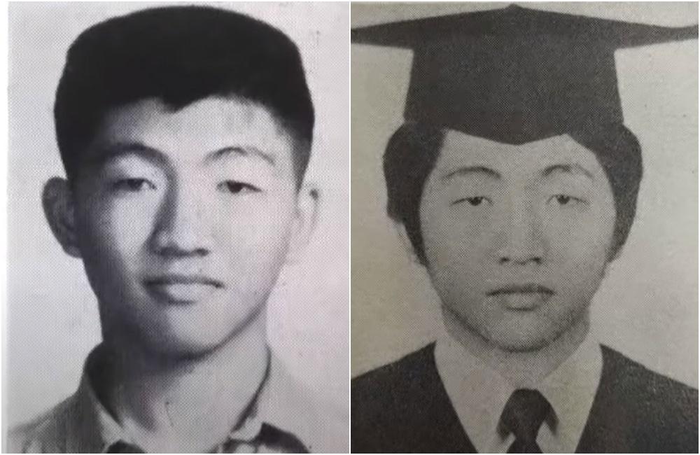 陳時中就讀建中時的畢業紀念冊照（左圖），和就讀臺北醫學院的學士照（右圖）。因為爆紅，不少媒體找上他的母校，去翻攝舊時照片。（翻攝畫面）