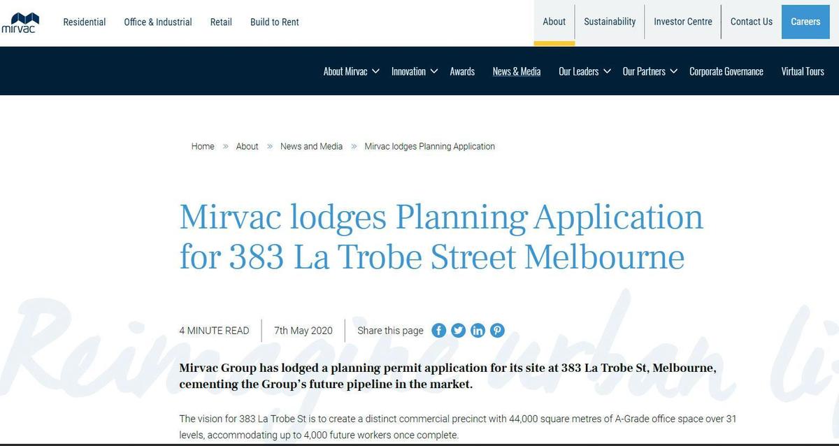 建商後來才發現，張進豐一家人宣稱獲利可期的澳洲墨爾本土地，其實在2018年9月3日就已被當地開發商Mirvac買下（圖），預計興建商辦大樓，驚覺投資案竟是一場空。（翻攝Mirvac官網）