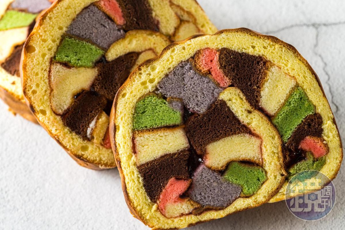 彩色的綜合口味「虎皮卷」，被小朋友暱稱為「彩虹蛋糕」。（25元／個）