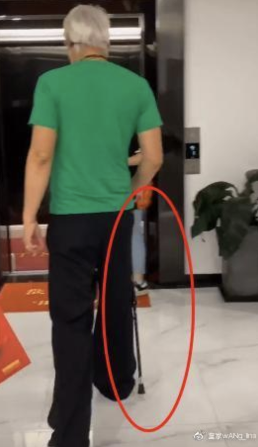 林瑞陽在影片中被拍攝到需要柱著柺杖走路，身體狀況欠佳。（翻攝自微博）