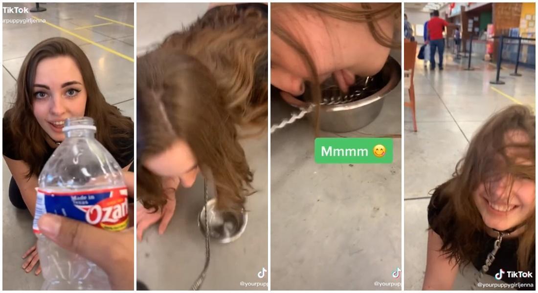 珍娜菲利浦在疑似為購物商場的地方，拍攝用寵物的碗喝水的影片。（翻攝自yourpuppygirljenna TikTok）