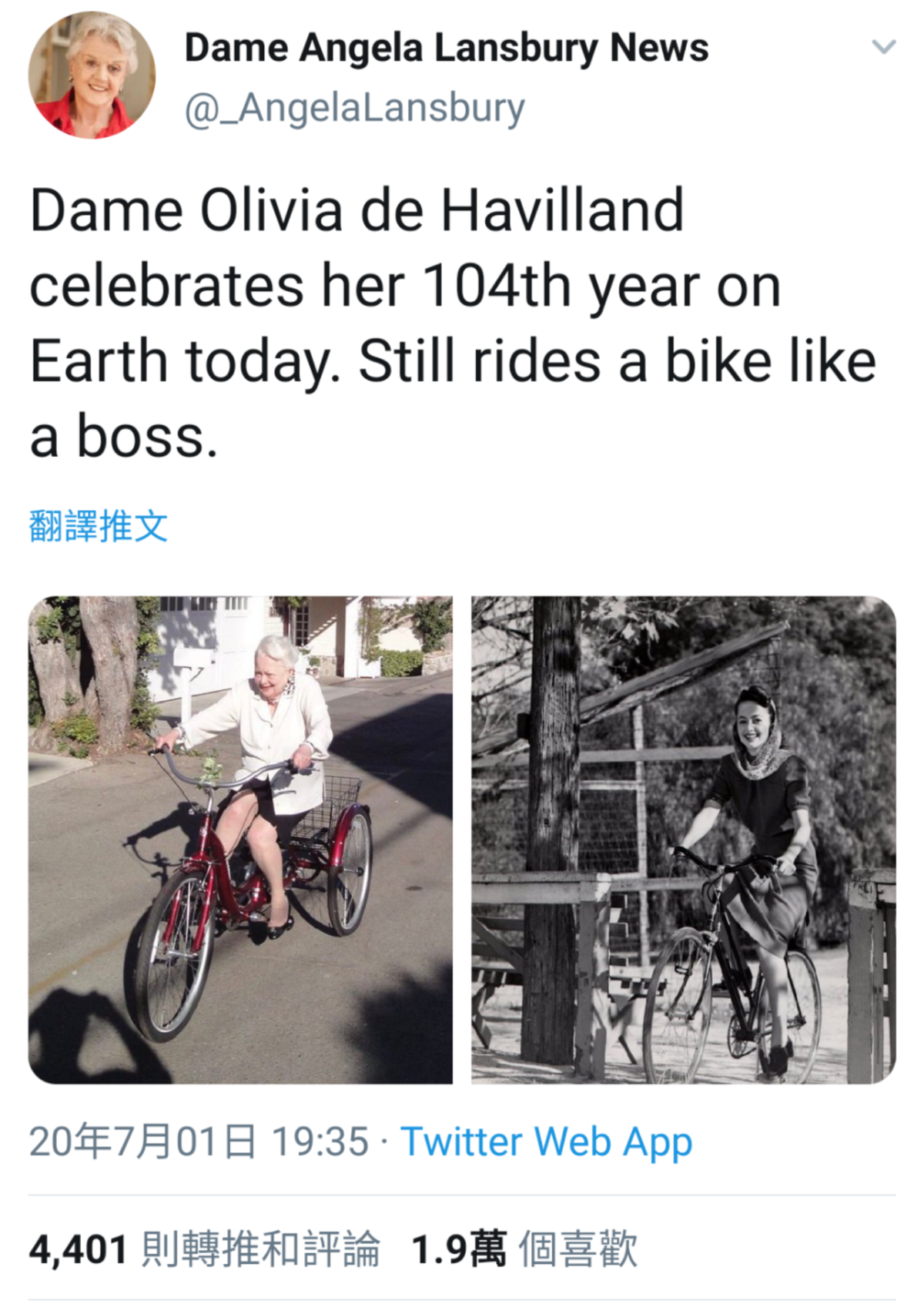 去年奧莉薇亞還輕鬆地騎腳踏車逛大街，年過百歲的她身體一向很健旺。（翻攝自twitter）