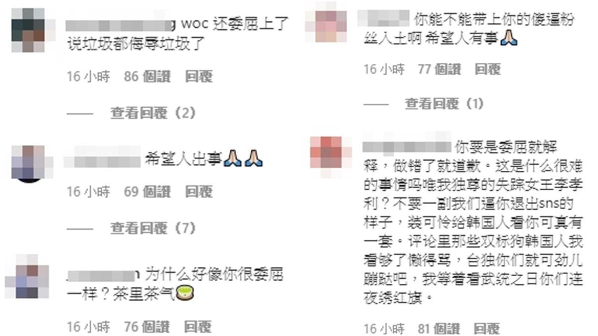 小粉紅翻牆到李孝利的Instagram，瘋狂咒罵留言逼道歉。（翻攝自李孝利Instagram）