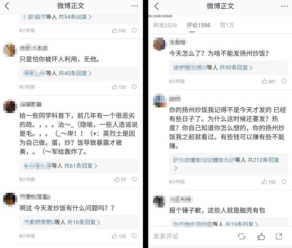 王剛在24日這天分享炒飯做法，引發網友批評。（翻攝自王剛微博）