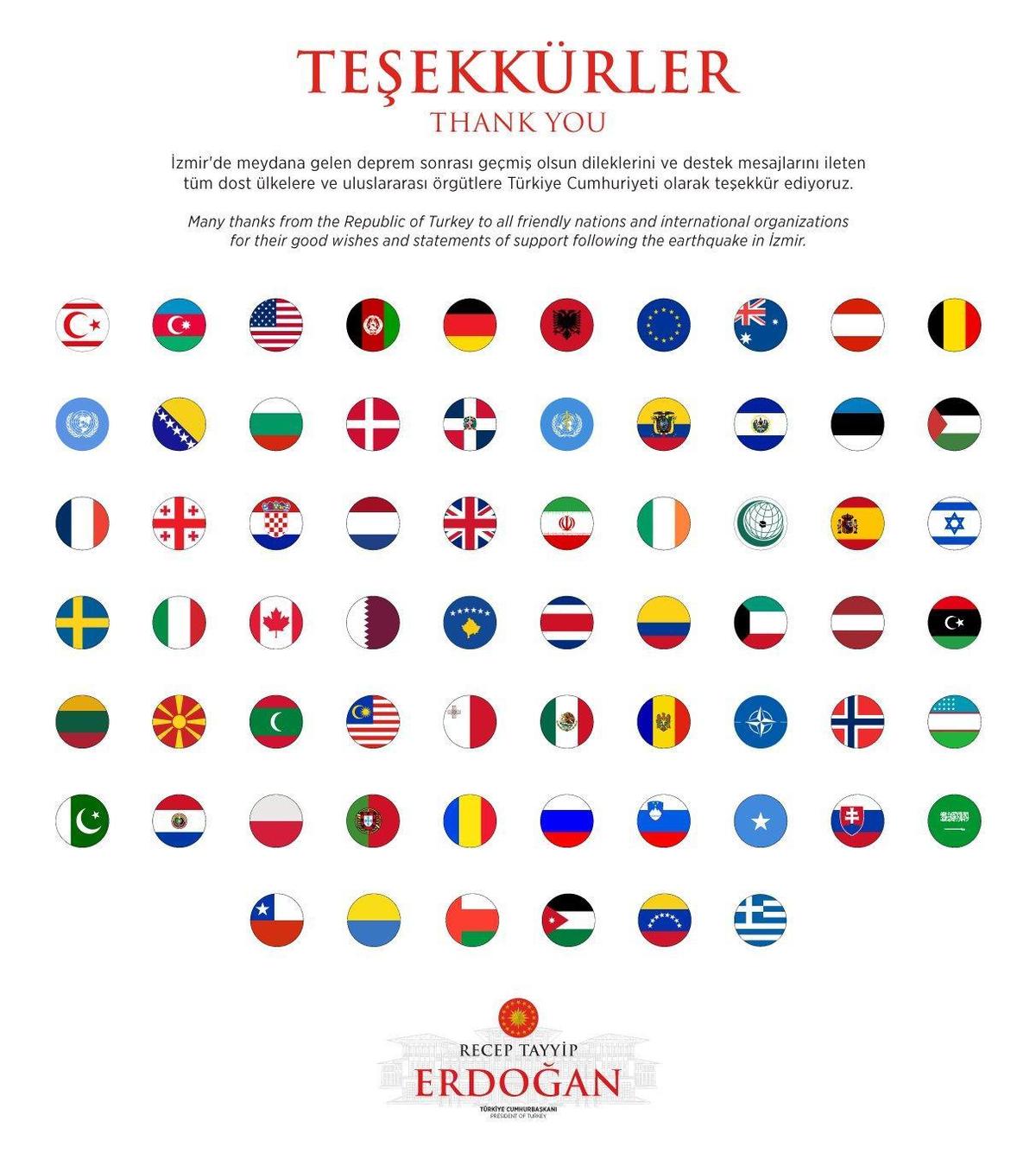 愛琴海強震重創土耳其，土耳其總統艾爾段感謝各國及機構幫助。（翻攝自艾爾段推特）