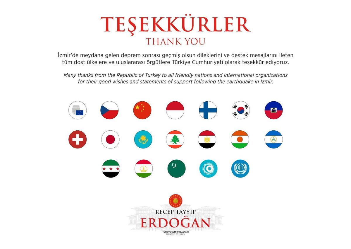 愛琴海強震重創土耳其，土耳其總統艾爾段感謝各國及機構幫助。（翻攝自艾爾段推特）