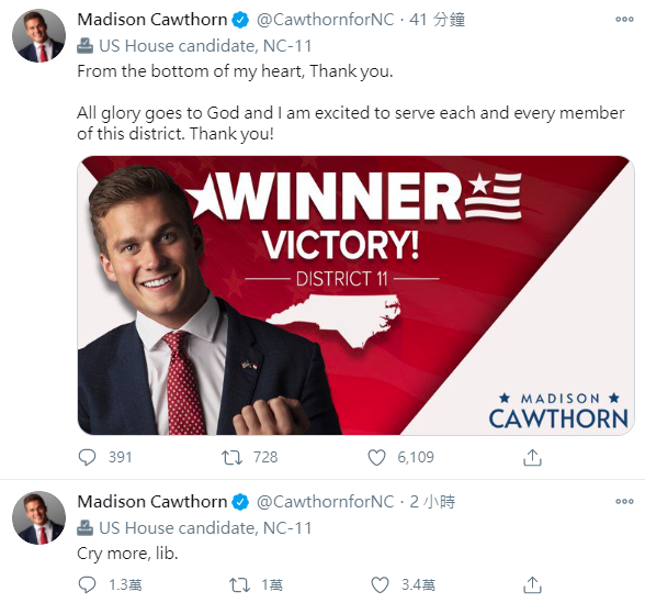 確認當選後，麥迪遜‧考托恩在Twitter上發文。（翻攝自「Madison Cawthorn」Twitter）