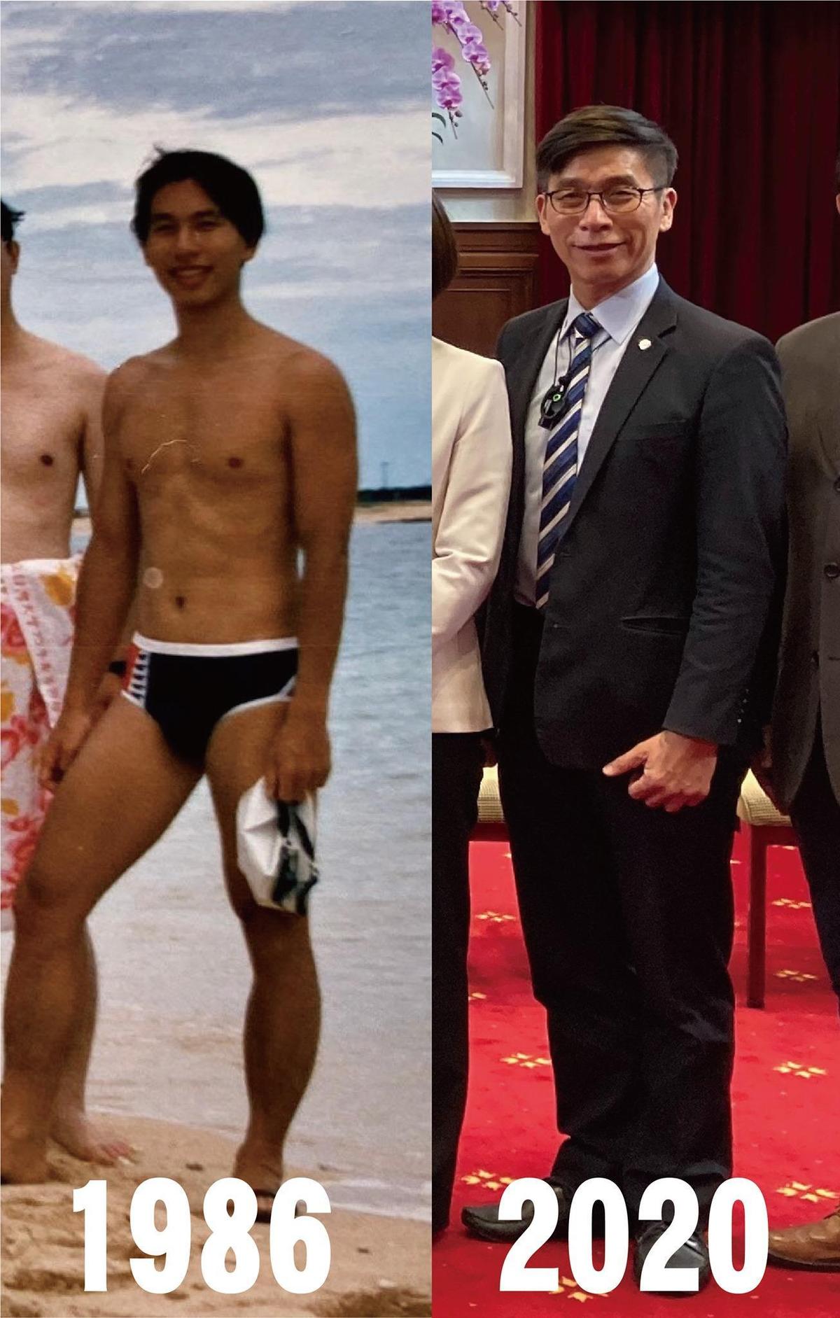 鍾佳濱貼出對比照，可見他大學時期擁有六塊腹肌的好身材。（翻攝自鍾佳濱臉書）