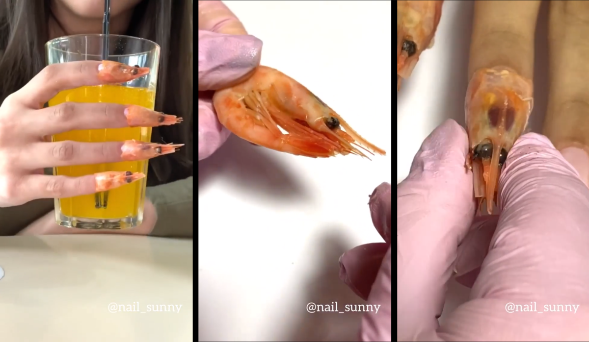 俄羅斯美甲師用「蝦頭」裝飾指甲，被批評殘忍、噁心。（翻攝自Nail Sunny IG）