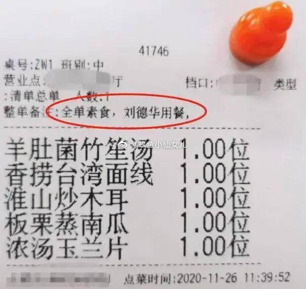 近日大陸網上瘋傳劉德華的素食菜單。（扒圈有魚微博）