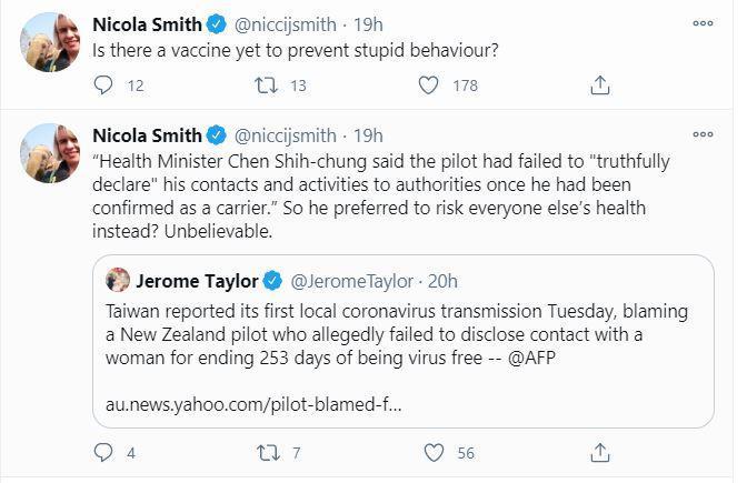 英國《每日電訊報》駐台記者妮可拉史密斯（Nicola Smith）在個人推特怒批紐籍機師自私。（翻攝Nicola Smith推特）