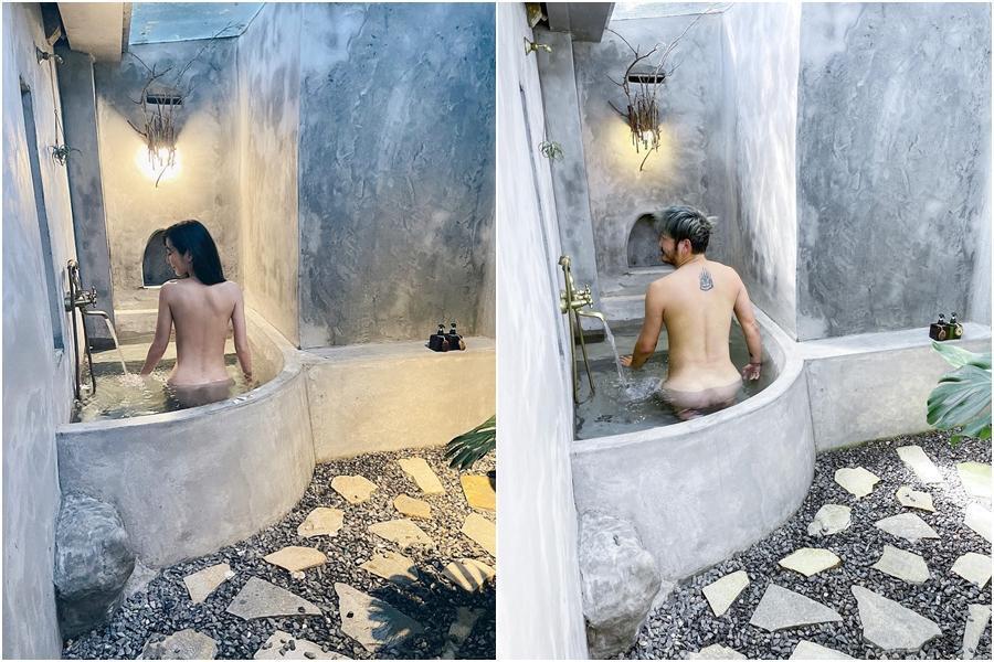 KID（右）在臉書曬出一張在浴池全裸泡湯的照片，同樣的場景和姿勢神還原曾莞婷（左）日前的畫面。（翻攝自曾菀婷、KID臉書）
