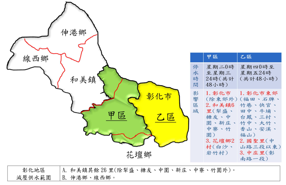 苗栗、台中及北彰化分區供水範圍。（翻攝自台灣自來水公司網站）