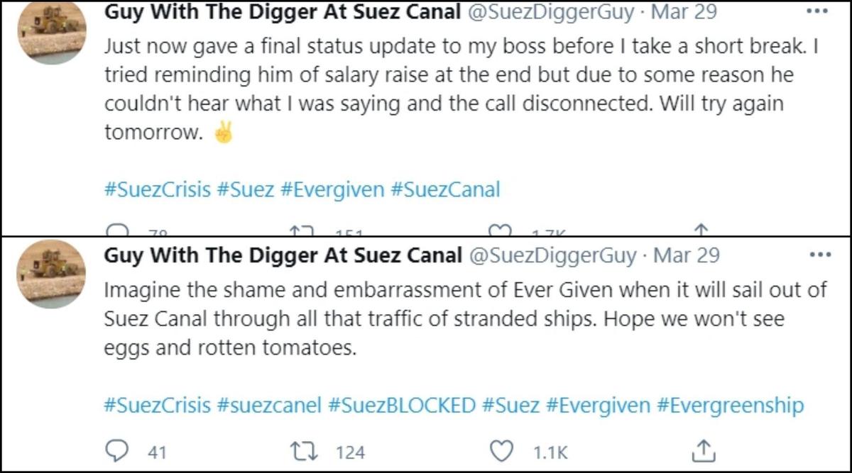 1.「剛在休息前跟老闆報告了進度更新。我試著提醒他記得幫我加薪，但他好像收訊不好沒聽到，電話就斷線了。明天再試試吧！」 2.「想像一下，長賜號在離開蘇伊士運河後遇上那些被她塞住的船隻們會有多糗。希望不會有人砸雞蛋或爛番茄。」（翻攝自推特@SuezDiggerGuy）