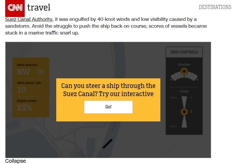 CNN網站上其實也有類似的小遊戲，讓網友們可以試試看操控貨輪航行在運河之間。（翻攝自CNN網站）
