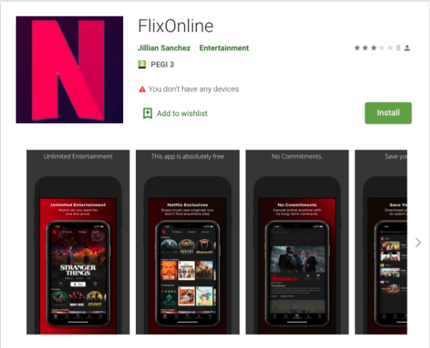 惡意軟體「FlixOnline」用免費吸引用戶下載。（翻攝自Check Point Research）