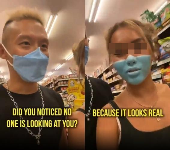 違反防疫規定進入超市後的2人，還很驕傲地說「沒人發現是假口罩」。（翻攝自IG）