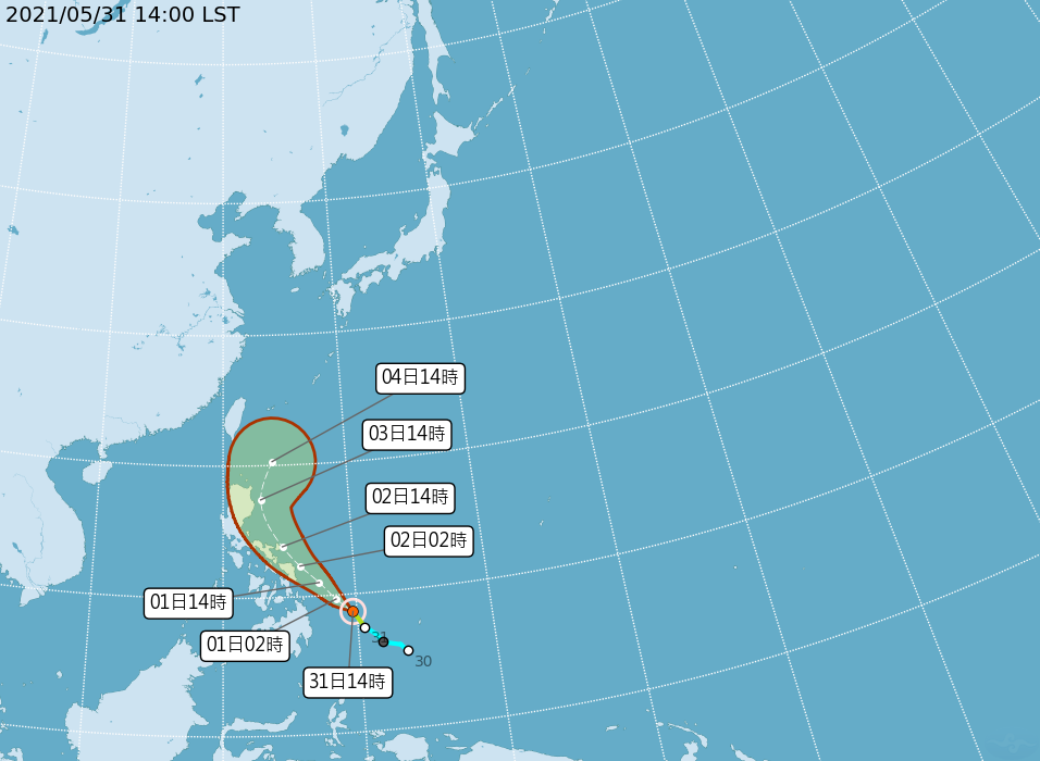 今日上午生成的輕度颱風「彩雲」，預計不會直接影響台灣。（翻攝自中央氣象局）