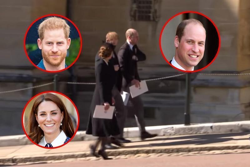 哈利與威廉、凱特4月參加菲利浦親王葬禮，被拍到一起離開坎特伯雷大教堂。（翻攝The Royal Family Channel畫面）