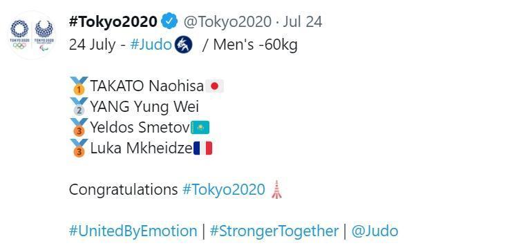 東京奧運推特在公布比賽結果時，都並未在我國選手後備註台灣國旗。（翻攝自東京奧運推特）
