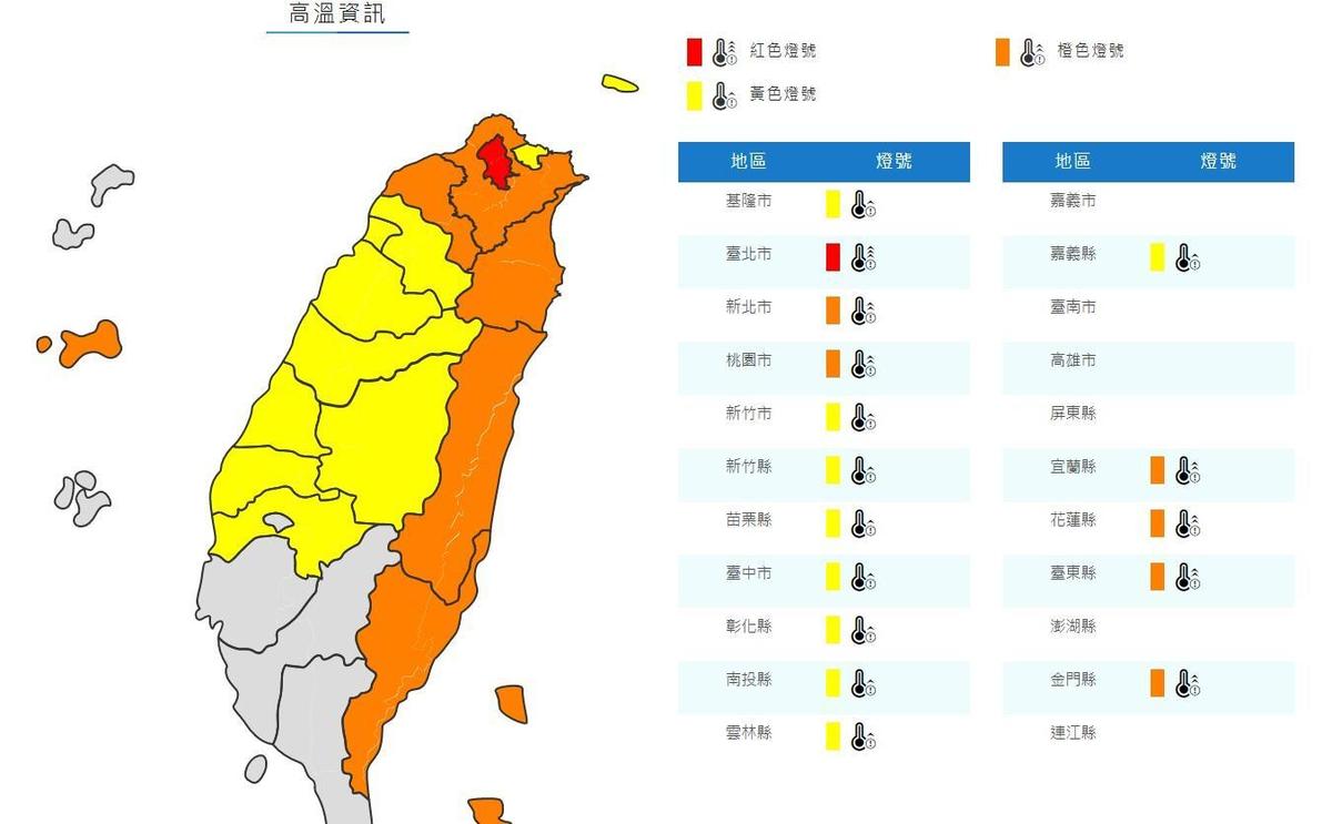 氣象局今對16縣市發布高溫資訊，其中台北市盆地為紅色燈號。（翻攝自氣象局官網）