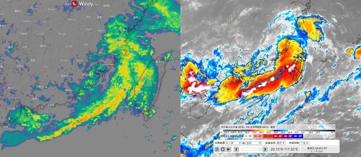 盧碧颱風的外圍環流，配合自身帶動西南季風增強北抬，凌晨發展出明顯的一條尾巴。（翻攝天氣風險臉書）