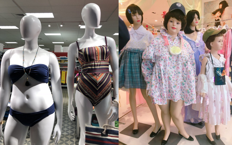 泳裝店有著小腹的人形模特穿上泳衣也很美；童裝店也配合發育中的兒童體型變化，而有各種身形的小模特。（翻攝推特@ankeiy／@noyumi）
