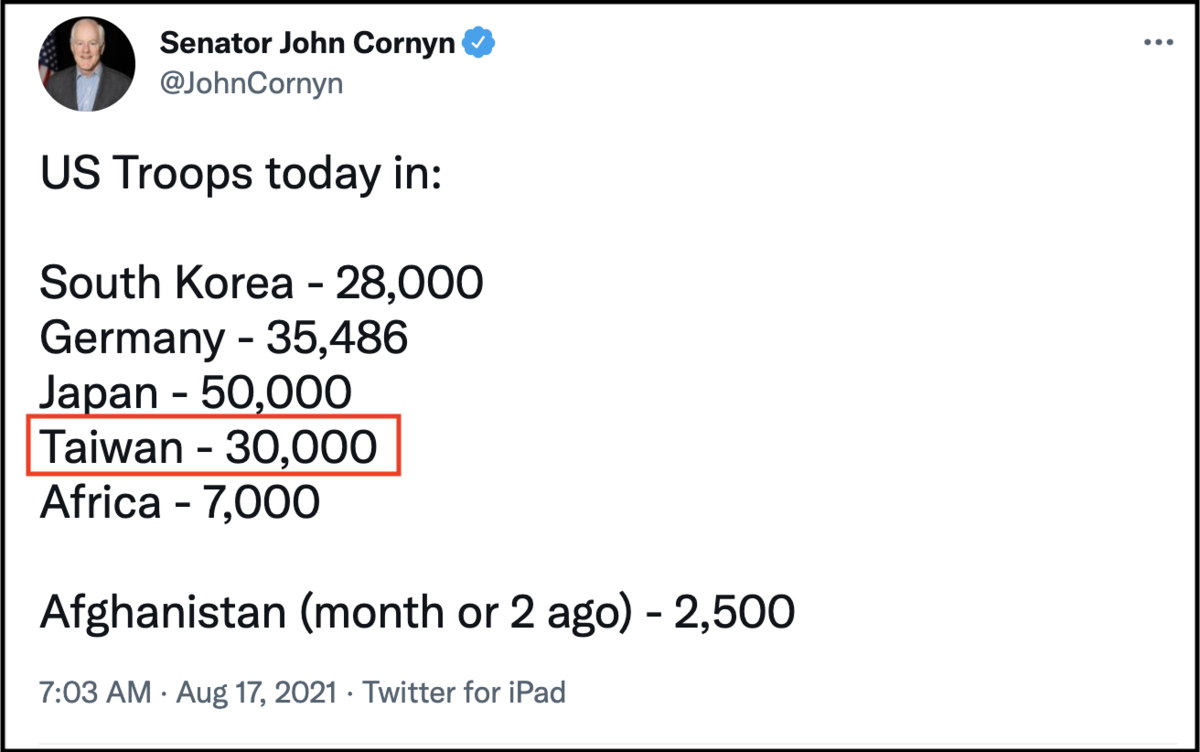 康寧在推文中寫美軍駐台人數有3萬，令人困惑。（翻攝@JohnCornyn推特）