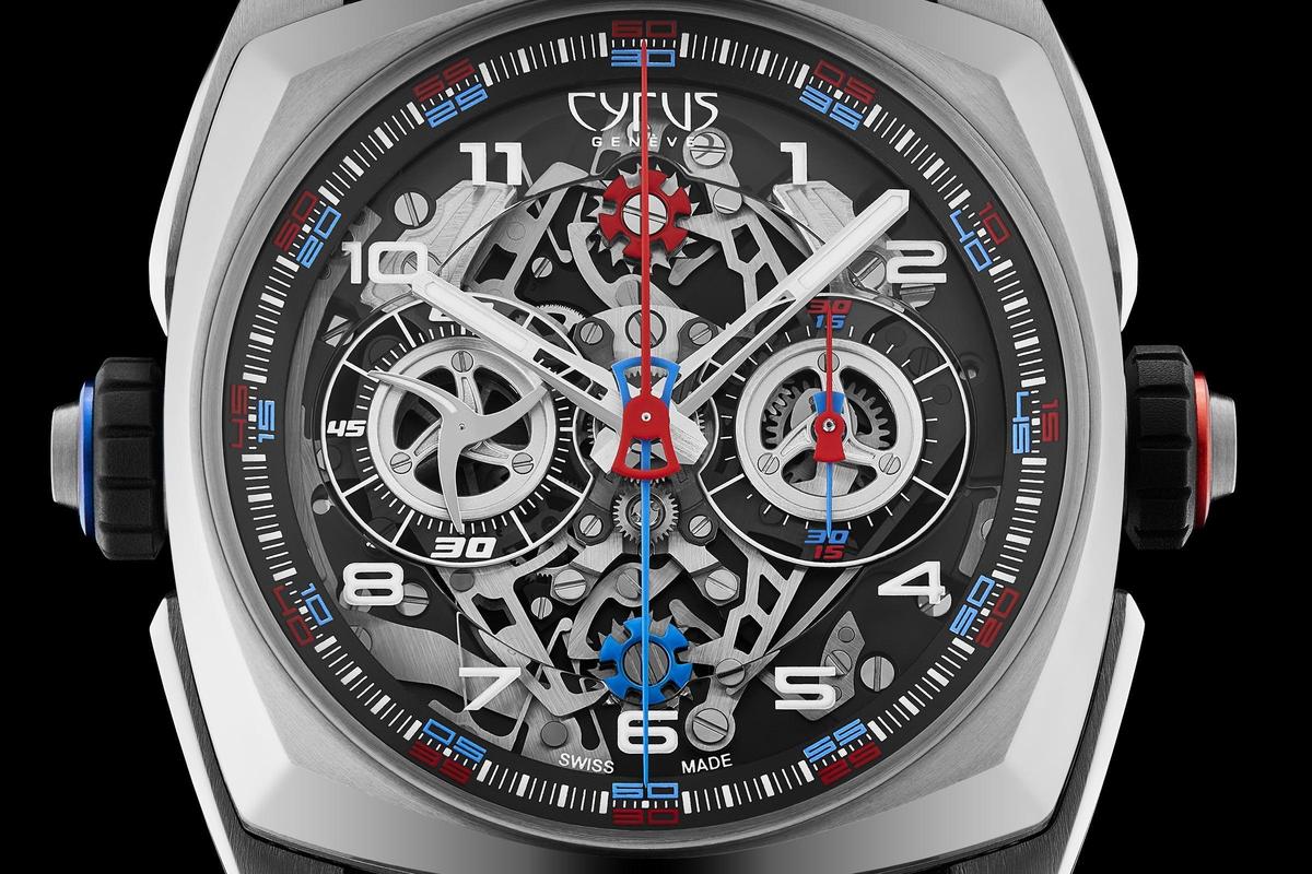對稱的面盤，兩個計時系統以紅色與藍色來做區隔，可單獨操作個別系統。