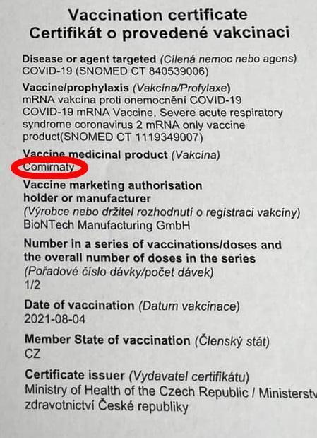 陳時中表示，防疫是唯一考量，接受印有「復必泰」（英文：Comirnaty）字樣的BNT疫苗。（翻攝自郭台銘臉書）