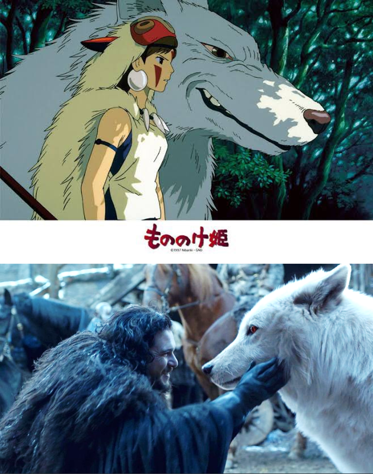 狼犬KUN與小女孩的互動，被許多網友大推好像宮崎駿動畫《魔法公主》，也有人想到美劇《冰與火之歌：權力遊戲》裡飼養冰原狼的狼家。（翻攝推特@lifen_lifen／HBO《冰與火之歌：權力遊戲》）