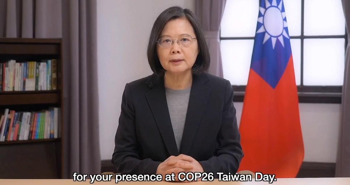 總統蔡英文透過視訊錄影為COP26台灣日致詞揭開序幕。（翻攝自駐英代表處臉書）