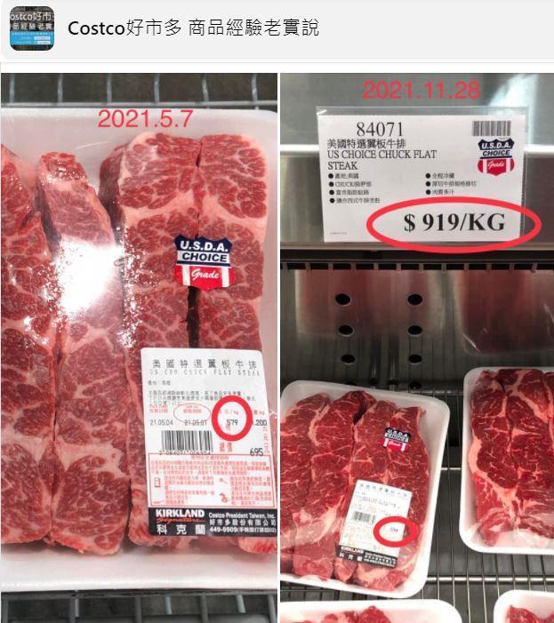 好市多的肉價狂漲，有網友PO出價格對比圖。（翻攝臉書「Costco好市多 商品經驗老實說」）