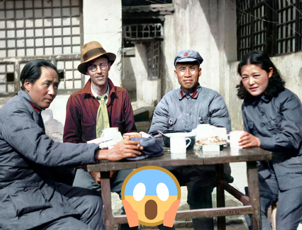 1937年，毛澤東（左1）在延安會見美國記者厄爾利夫（左2），朱德（右2）與女翻譯吳莉莉（右1）也在場。（翻攝自歷史時空臉書）