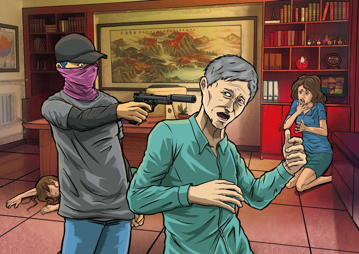李鴻淵（左）闖入康建公司辦公室，對負責人賴敏男、賴的女兒及女主管開槍。（示意畫面）