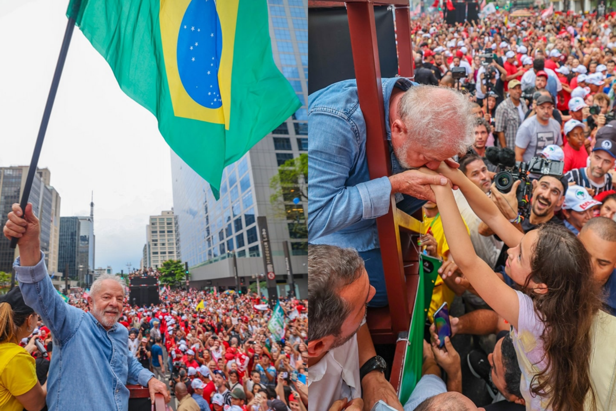 ▼魯拉選前造勢萬人空巷，他不僅揮舞巴西國旗還親吻選民的手。（圖／翻攝自Lula臉書）