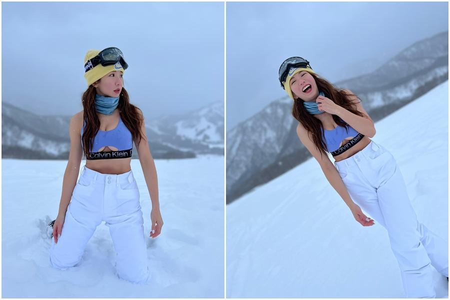 郭書瑤曬出一系列在雪地裡只穿內衣的辣照，透露照片是由「這群人」茵聲所拍的。（翻攝自郭書瑤臉書）