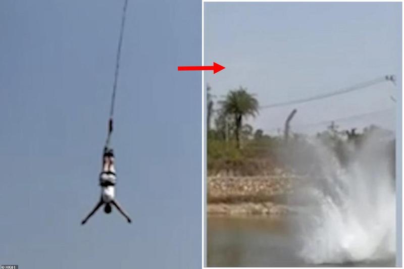 男玩高空彈跳，繩索「啪」瞬間斷掉！從空中直墜湖底重傷昏迷。（圖／翻自《香港01》）
