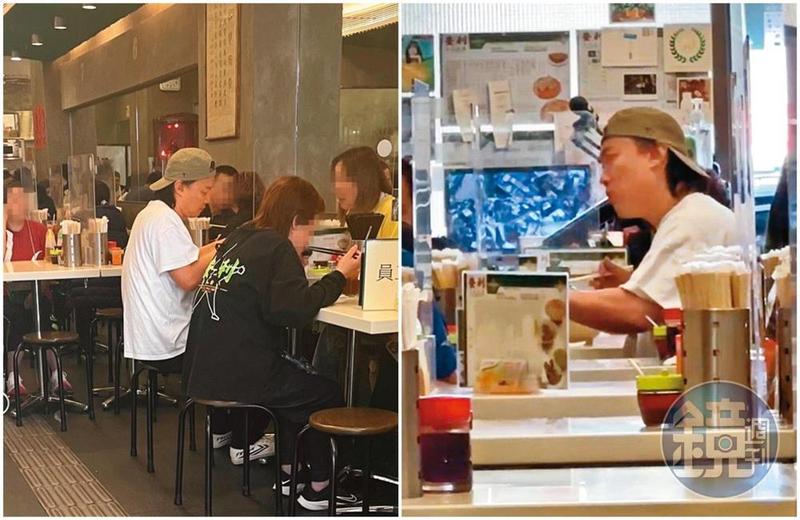 陳奕迅打扮輕鬆，與友人在一家香港茶餐廳吃飯。（左圖，讀者提供）他一口接著一口，把食物往嘴裡塞，與友人聊天時，嘴巴仍動不停，非常把握時間。（右圖，讀者提供）