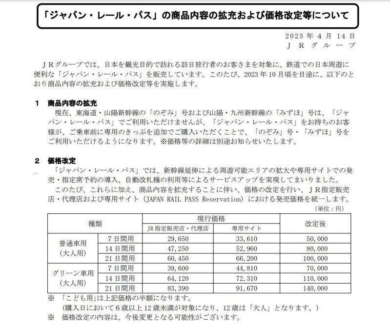 日本鐵路周遊券「JR PASS」今宣布自10月起調高售價。（翻攝自JAPAN RAIL PASS網頁japanrailpass.net）
