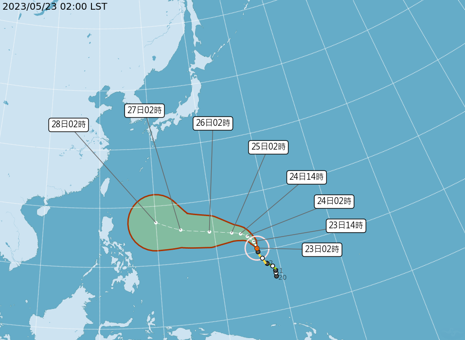 中央氣象局公布，「瑪娃」颱風路徑潛勢預測圖。（中央氣象局提供）