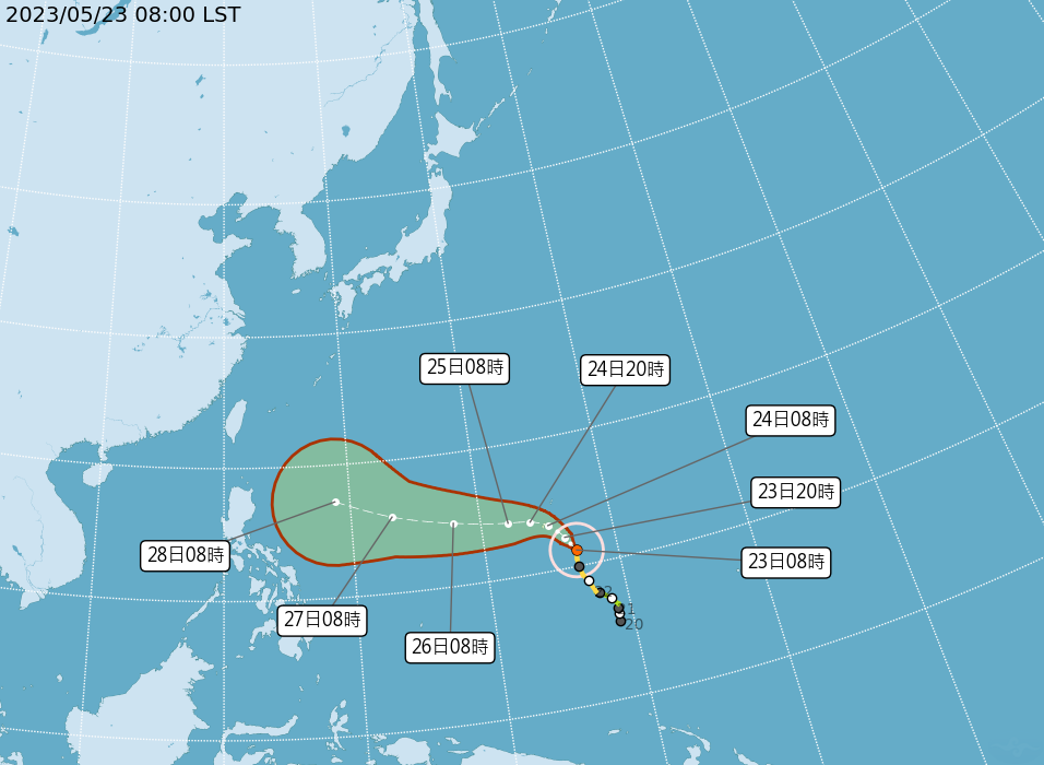 中央氣象局公布颱風路徑潛勢預報圖。（中央氣象局提供）