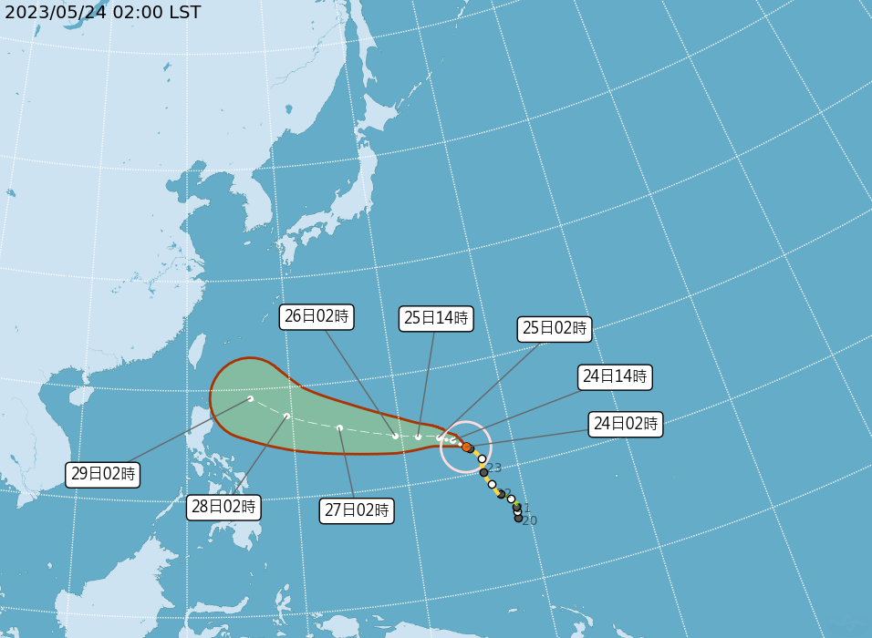 中央氣象局發布颱風路徑潛勢圖。（中央氣象局提供）