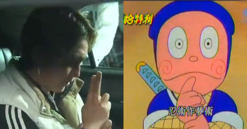 日本一名男子因闖入鐵軌遭逮後，在警車上做出忍者結印手勢（左）。右圖為動畫《忍者哈特利》。（翻攝自富士新聞網、網路圖片）